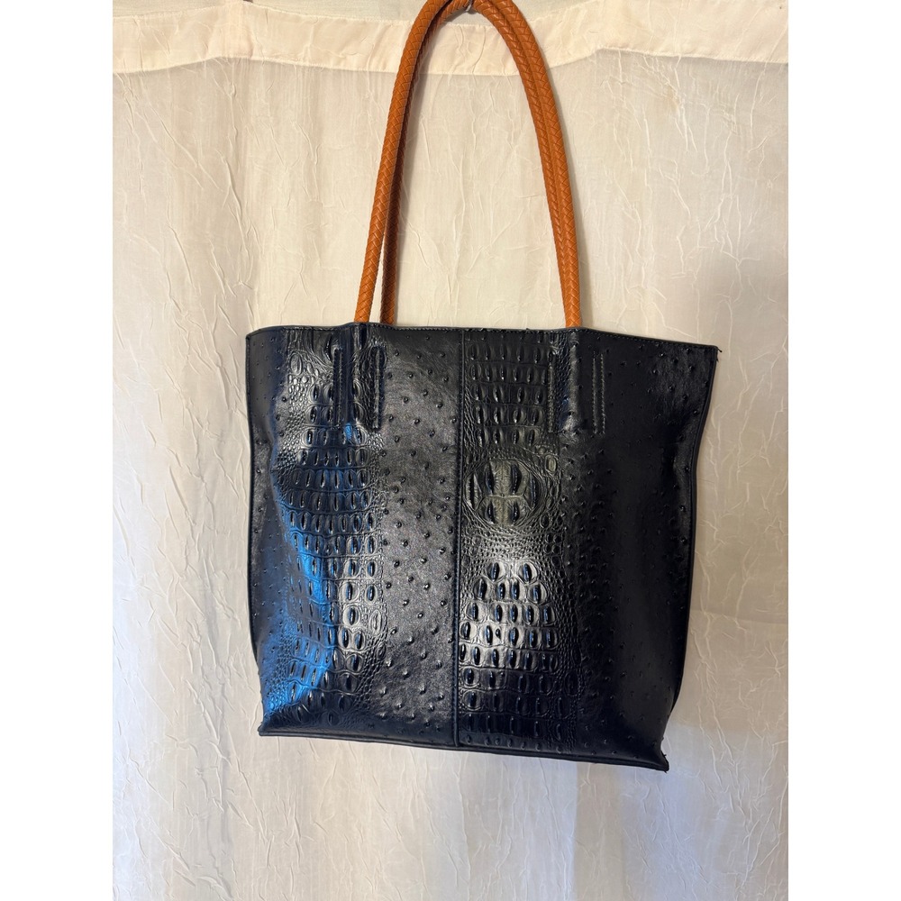 Tote Bag Womens Large Black Cognac Excellent Ostrich Croc Emboss Pouch - Picture 2 of 11